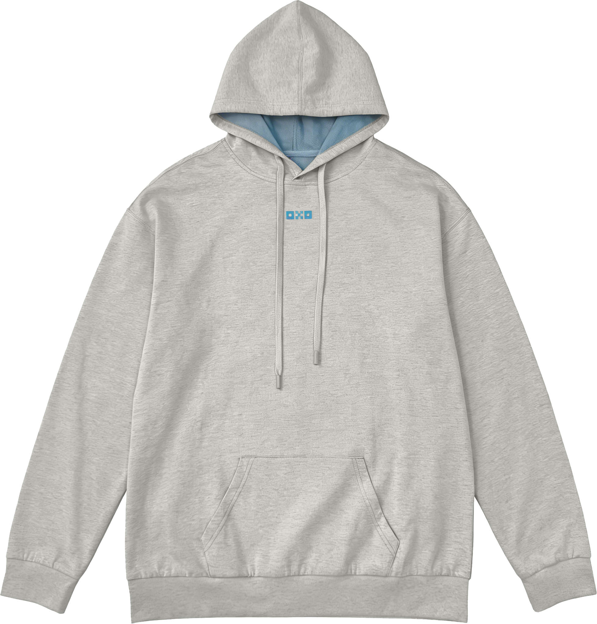 Gray hoodie with a brand logo on a white background