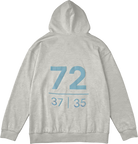 Gray hoodie with blue numbers and text on the back against a white background