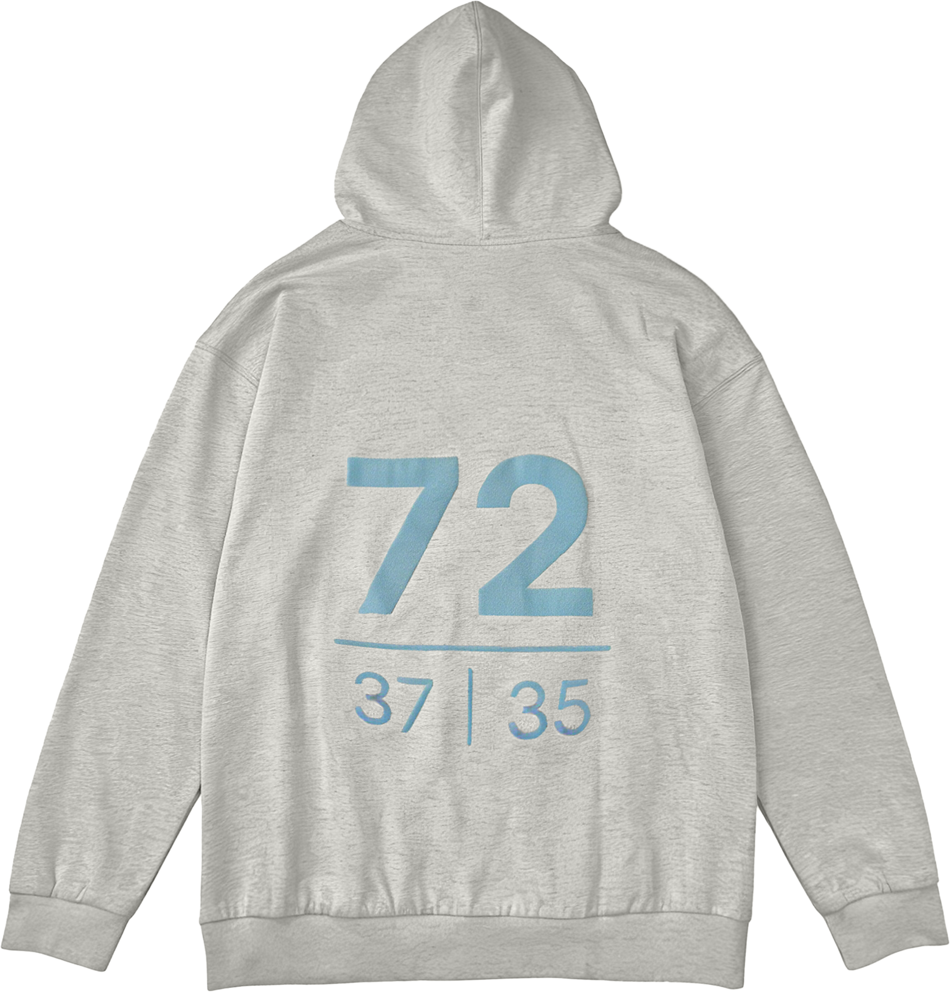 Gray hoodie with blue numbers and text on the back against a white background
