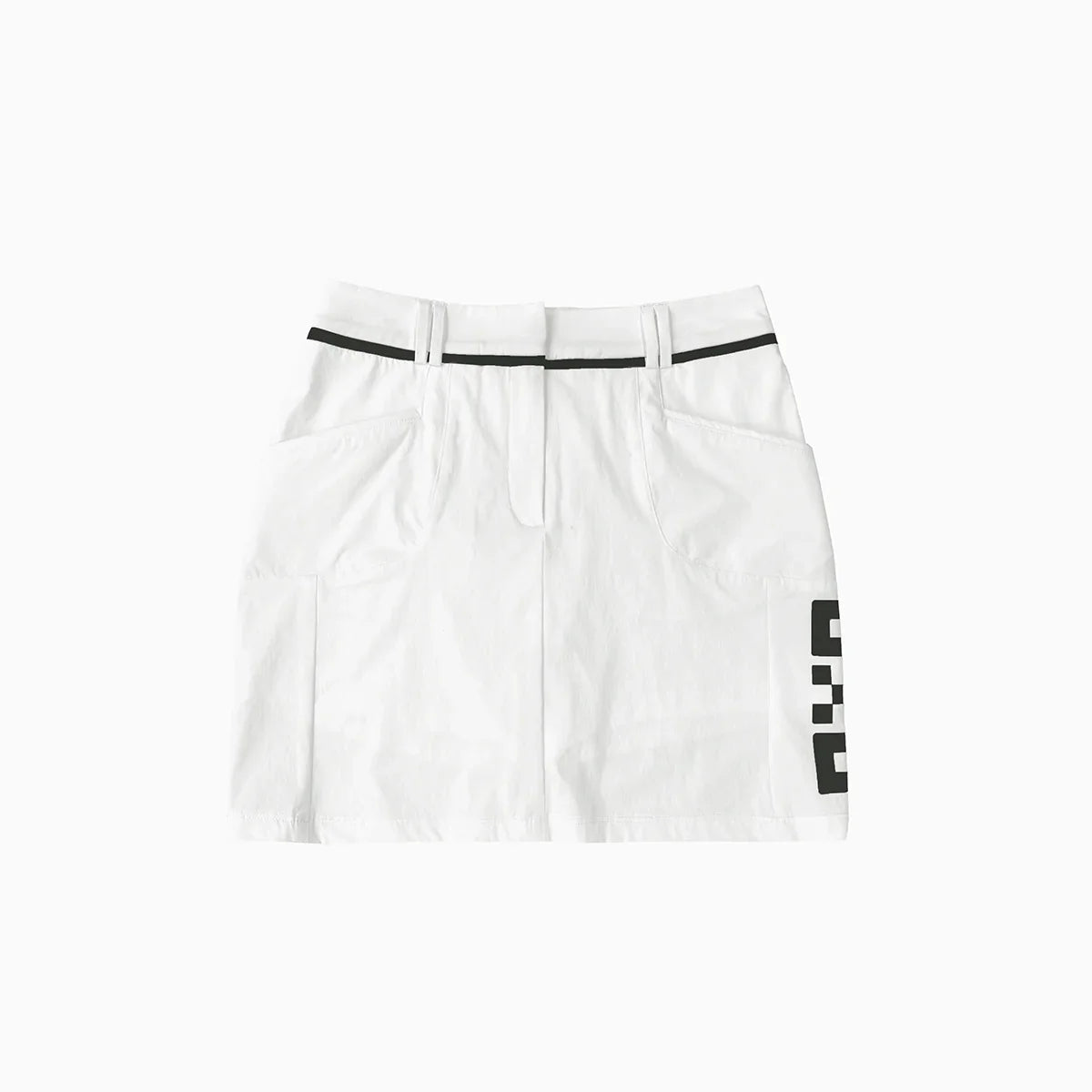 White shorts with black waistband and logo on a white background