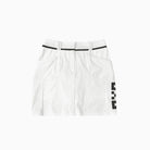 White shorts with black waistband and logo on a white background