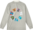 Gray jacket with colorful geometric shapes on the back against a white background