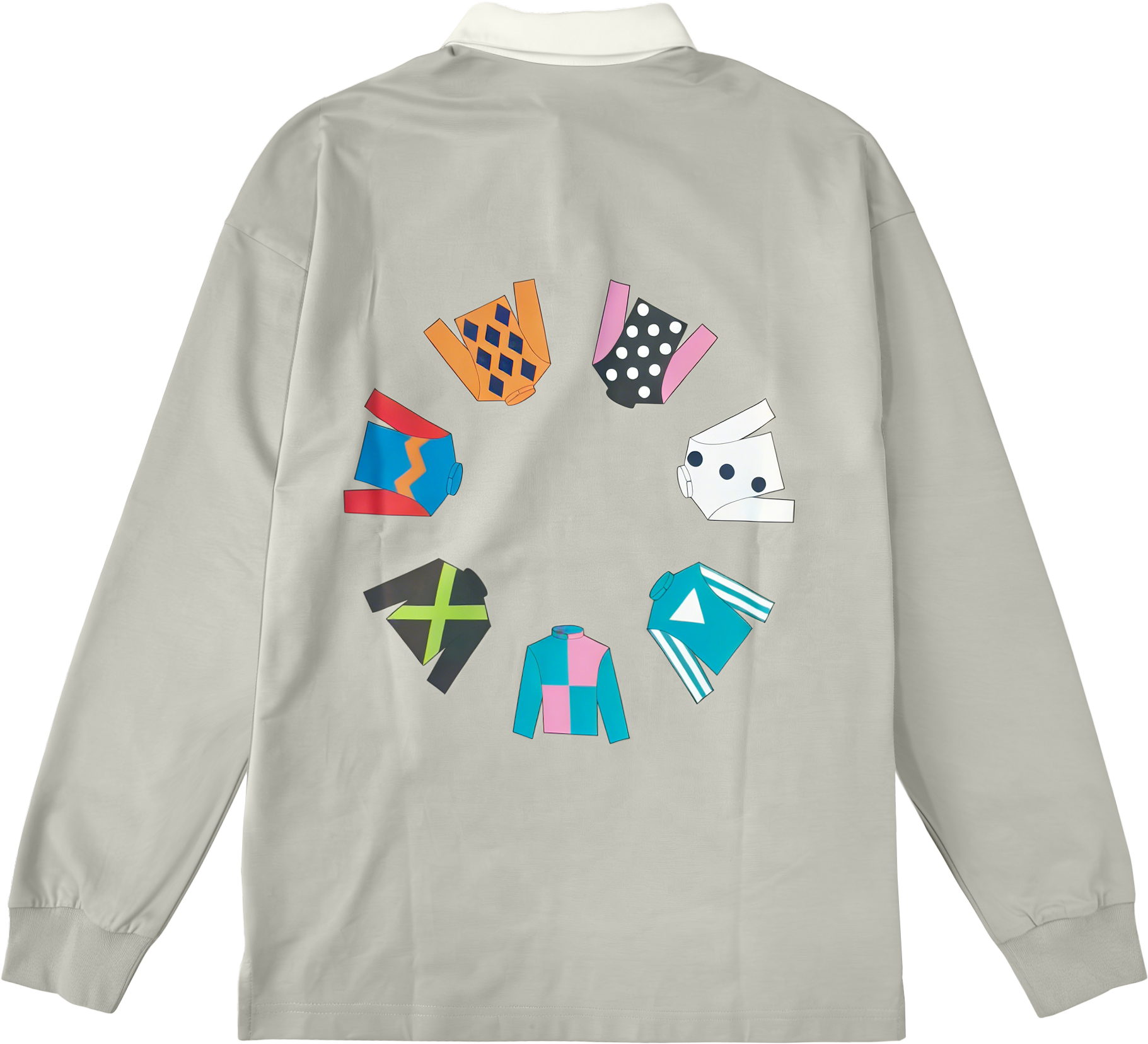 Gray jacket with colorful geometric shapes on the back against a white background