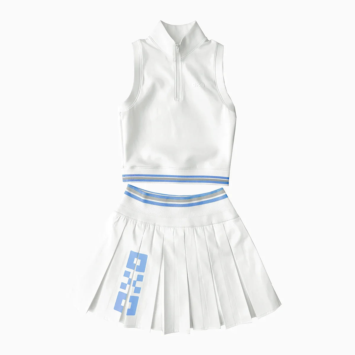 White sleeveless top and skirt set with blue accents on a white background