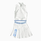 White sleeveless top and skirt set with blue accents on a white background