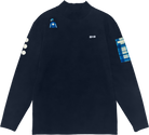 Black long-sleeve shirt with blue and white accents on a white background