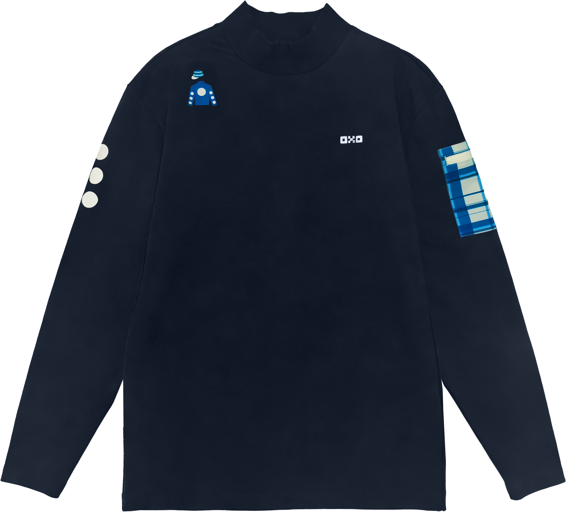 Black long-sleeve shirt with blue and white accents on a white background