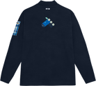 Black long-sleeve shirt with blue graphic design on a white background
