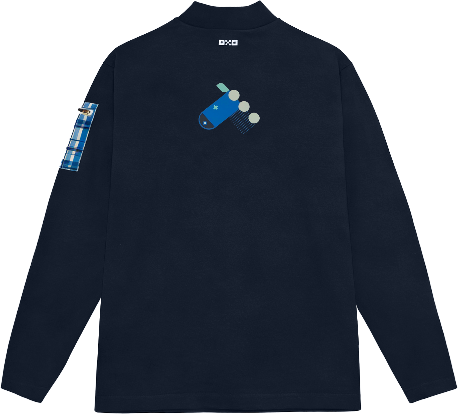 Black long-sleeve shirt with blue graphic design on a white background