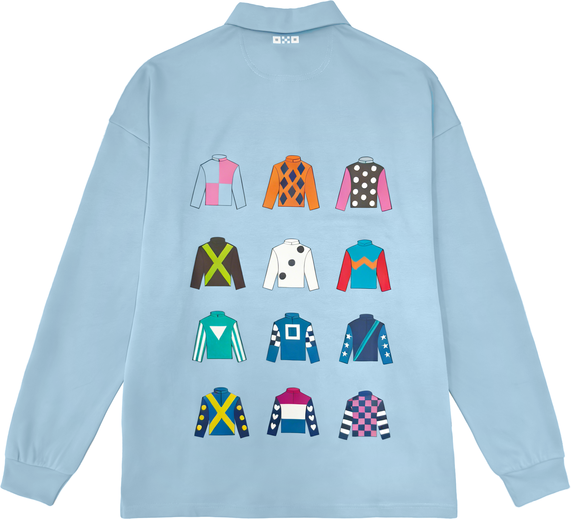 Light blue shirt with colorful jacket illustrations on a white background