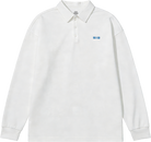 White long-sleeve polo shirt with a small logo on a white background