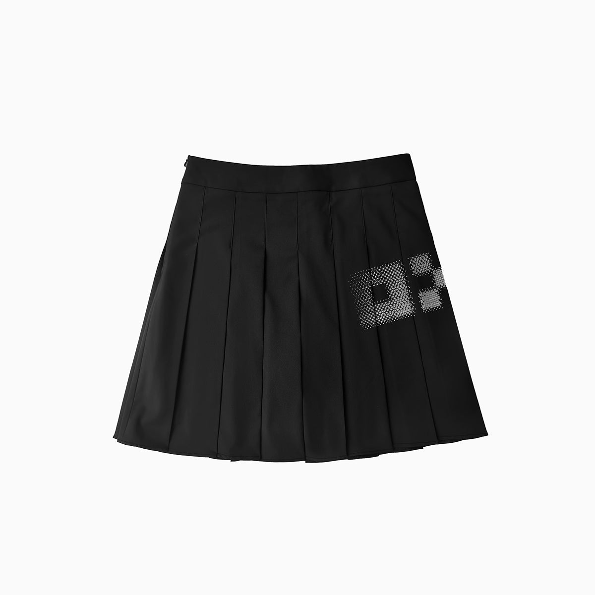 Black pleated skirt with a geometric pattern on a white background