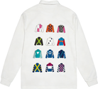 White shirt with colorful jockey silks designs on a white background