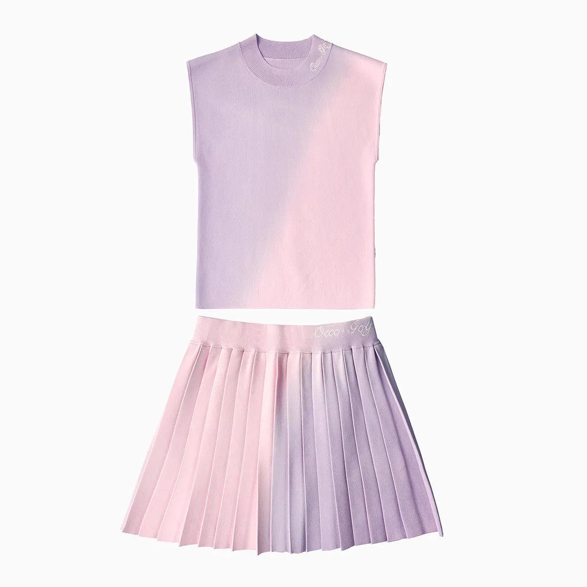 Pastel gradient sleeveless top and pleated skirt on a white background