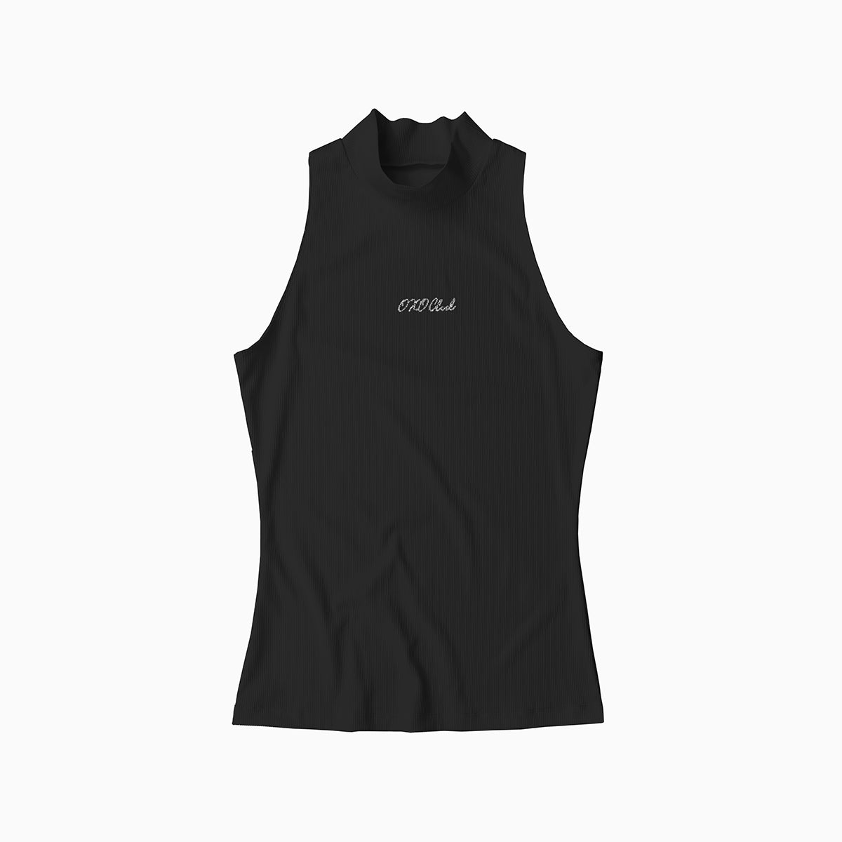 Black sleeveless top with a brand logo on a white background