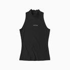 Black sleeveless top with a brand logo on a white background