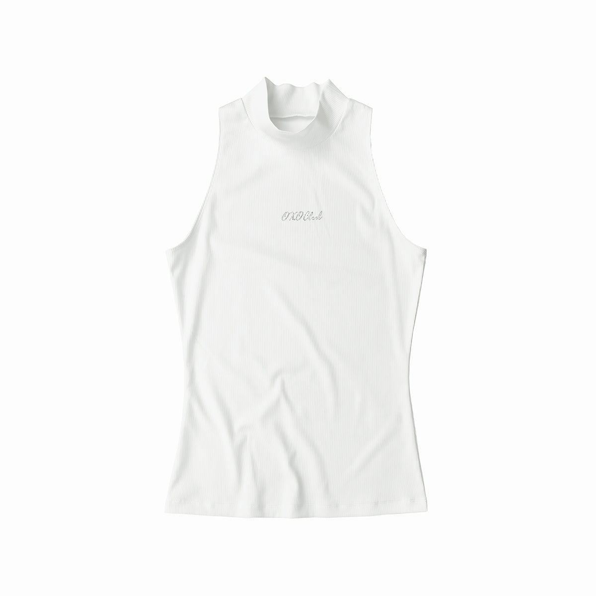 White sleeveless top with a brand logo on a white background