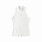 White sleeveless top with a brand logo on a white background