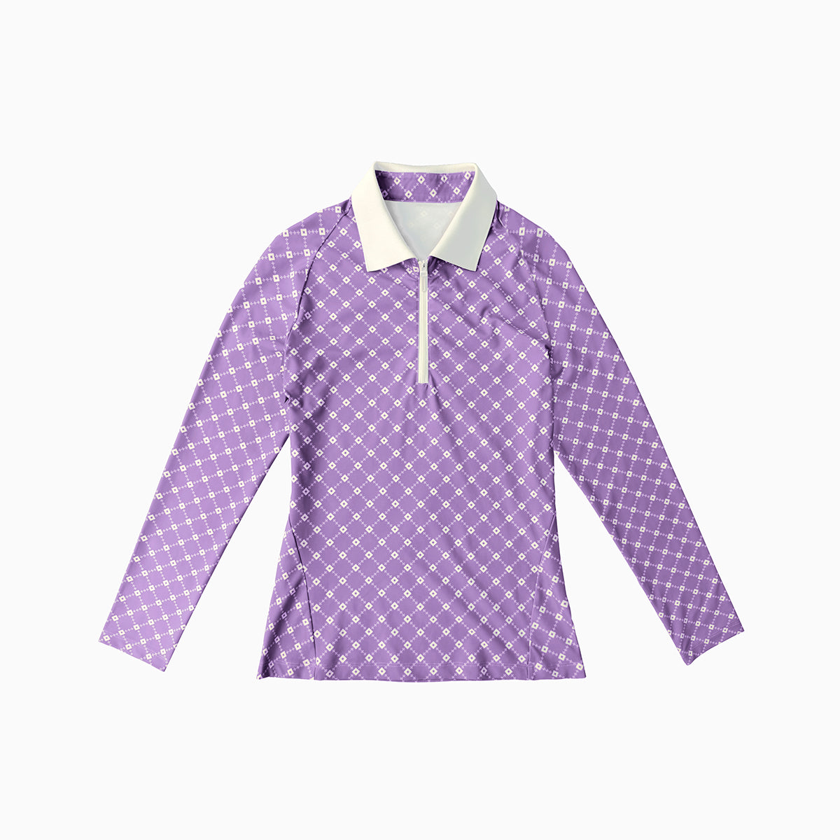 Purple long-sleeve shirt with white collar on a white background