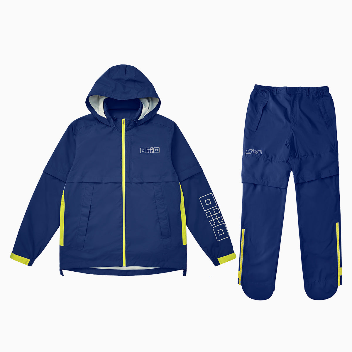 Blue raincoat and pants set with yellow accents on a white background