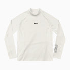 White long-sleeve shirt with branding on a white background