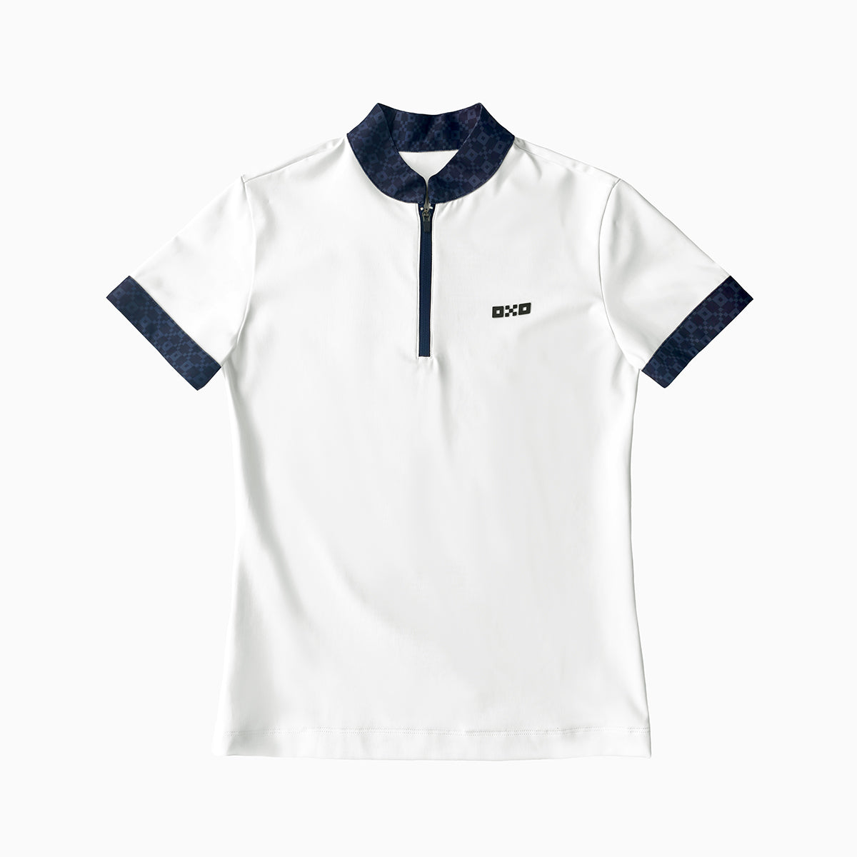 White athletic shirt with navy accents on a white background