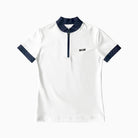 White athletic shirt with navy accents on a white background