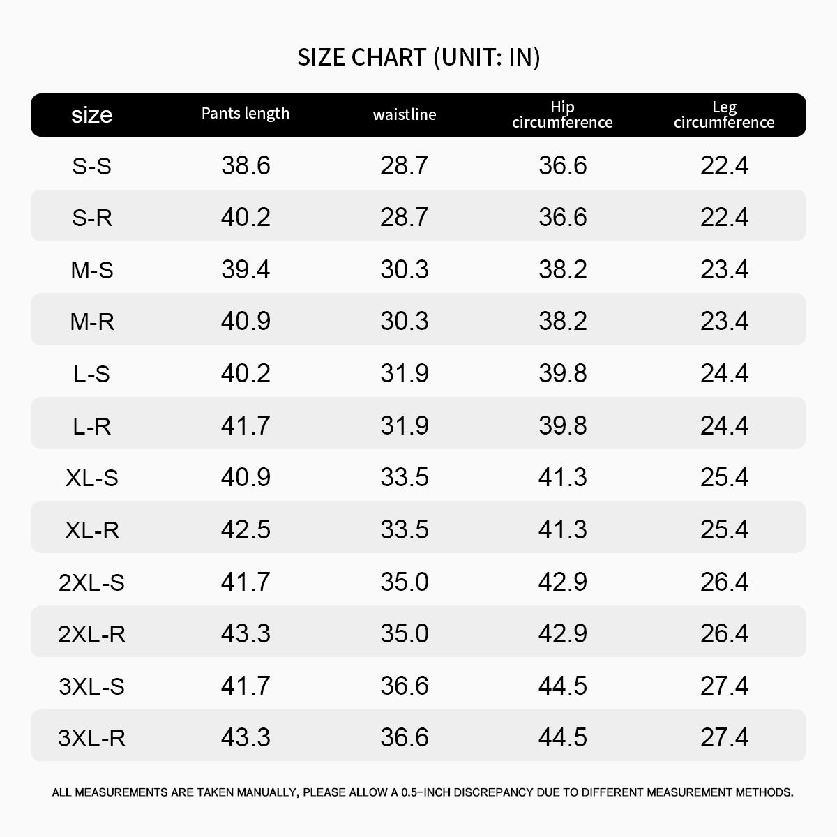 Size chart for pants with measurements in inches