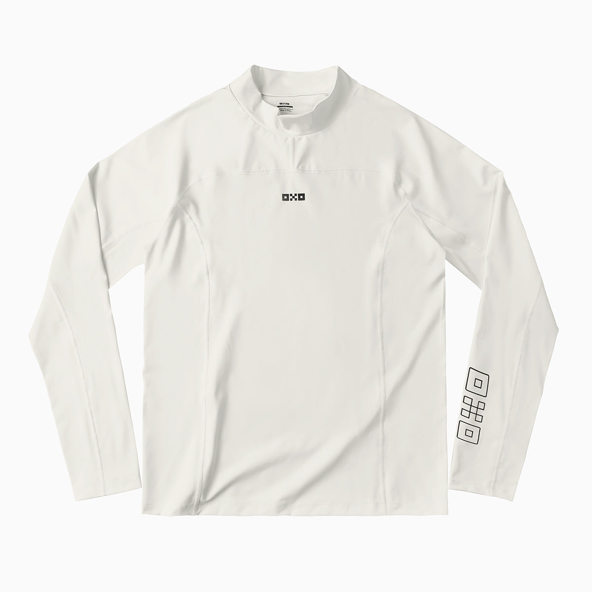White long-sleeve shirt with brand logos on a white background