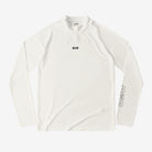 White long-sleeve shirt with branding on a white background