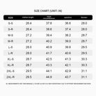 Size chart for clothing measurements in inches with a white background