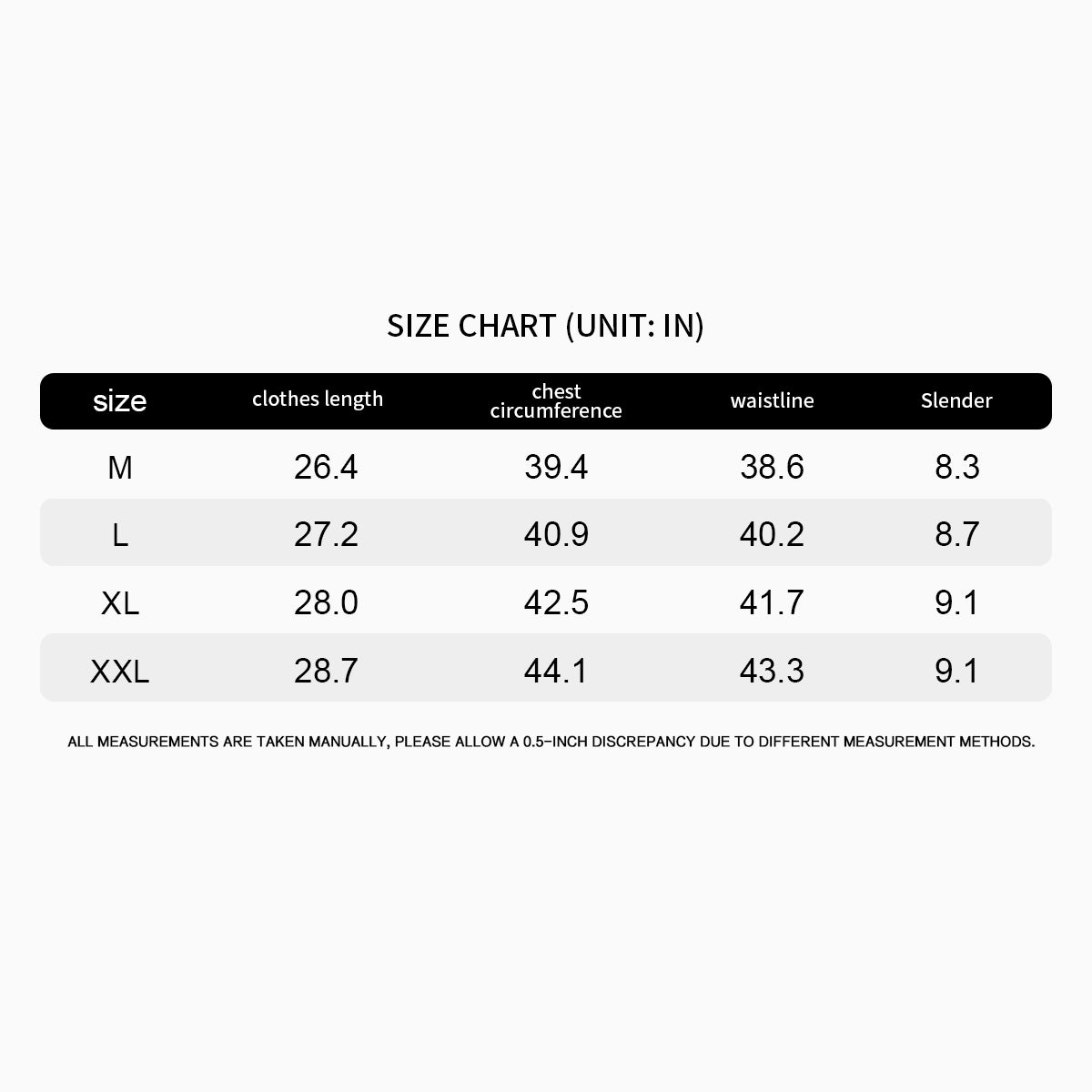 Size chart for clothing measurements in inches on a white background