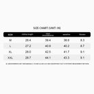 Size chart for clothing measurements in inches on a white background