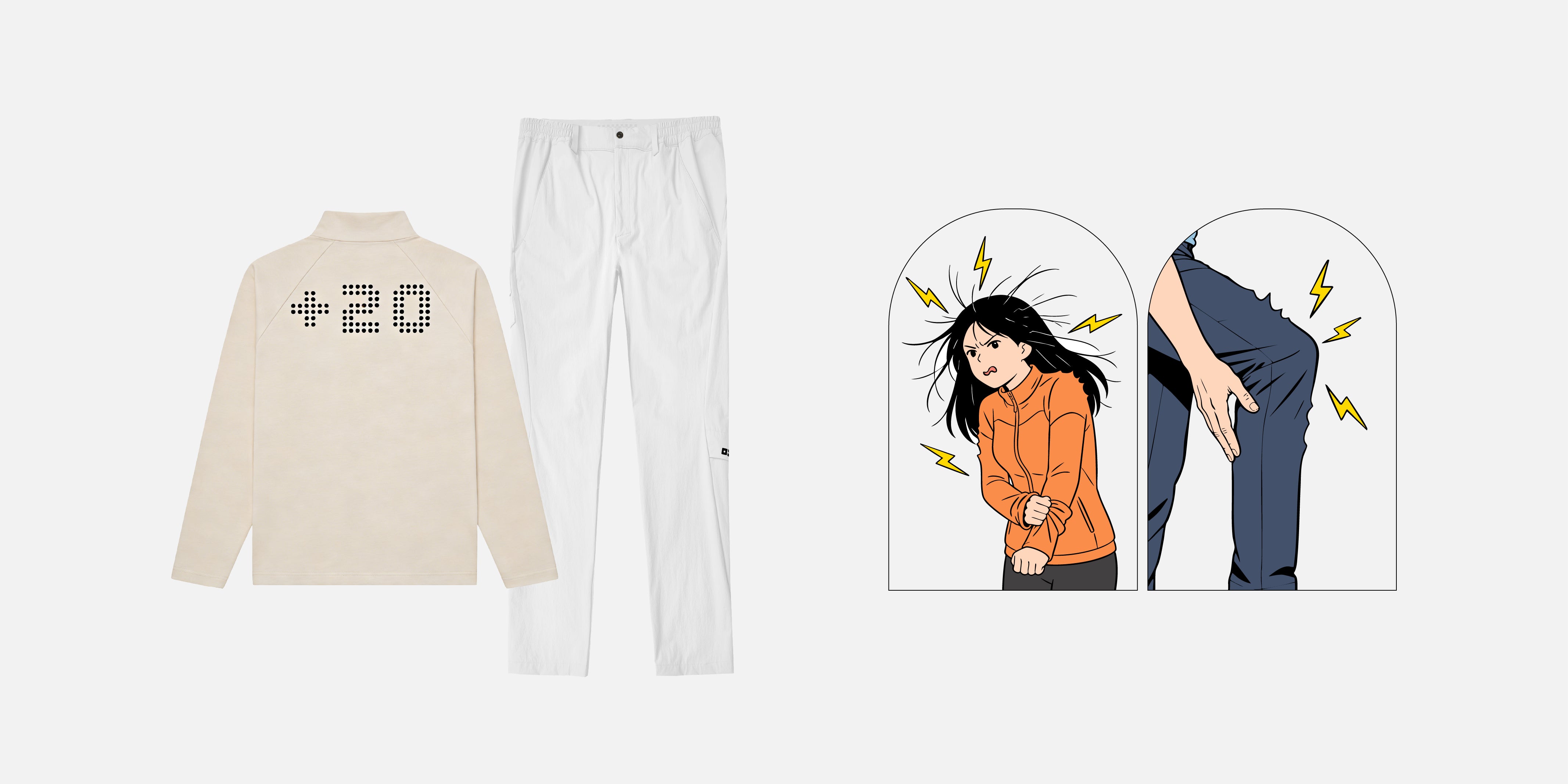 Beige long-sleeve shirt with '20' and white pants on a white background, with an inset of an animated character.