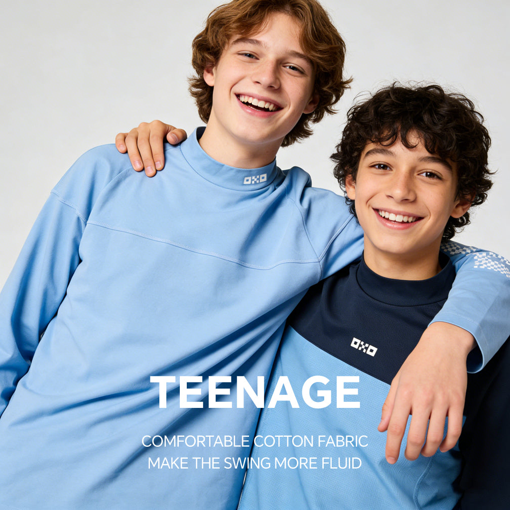 Two teenagers wearing blue and navy clothing with a visible brand logo, against a light gray background.